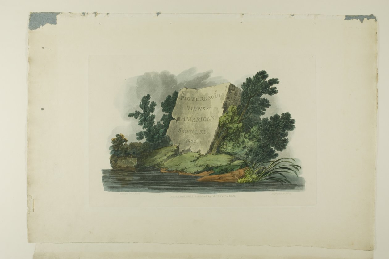 Tittelside, vignett og plate en av de første pittoreske utsiktene over amerikansk natur av John Hill