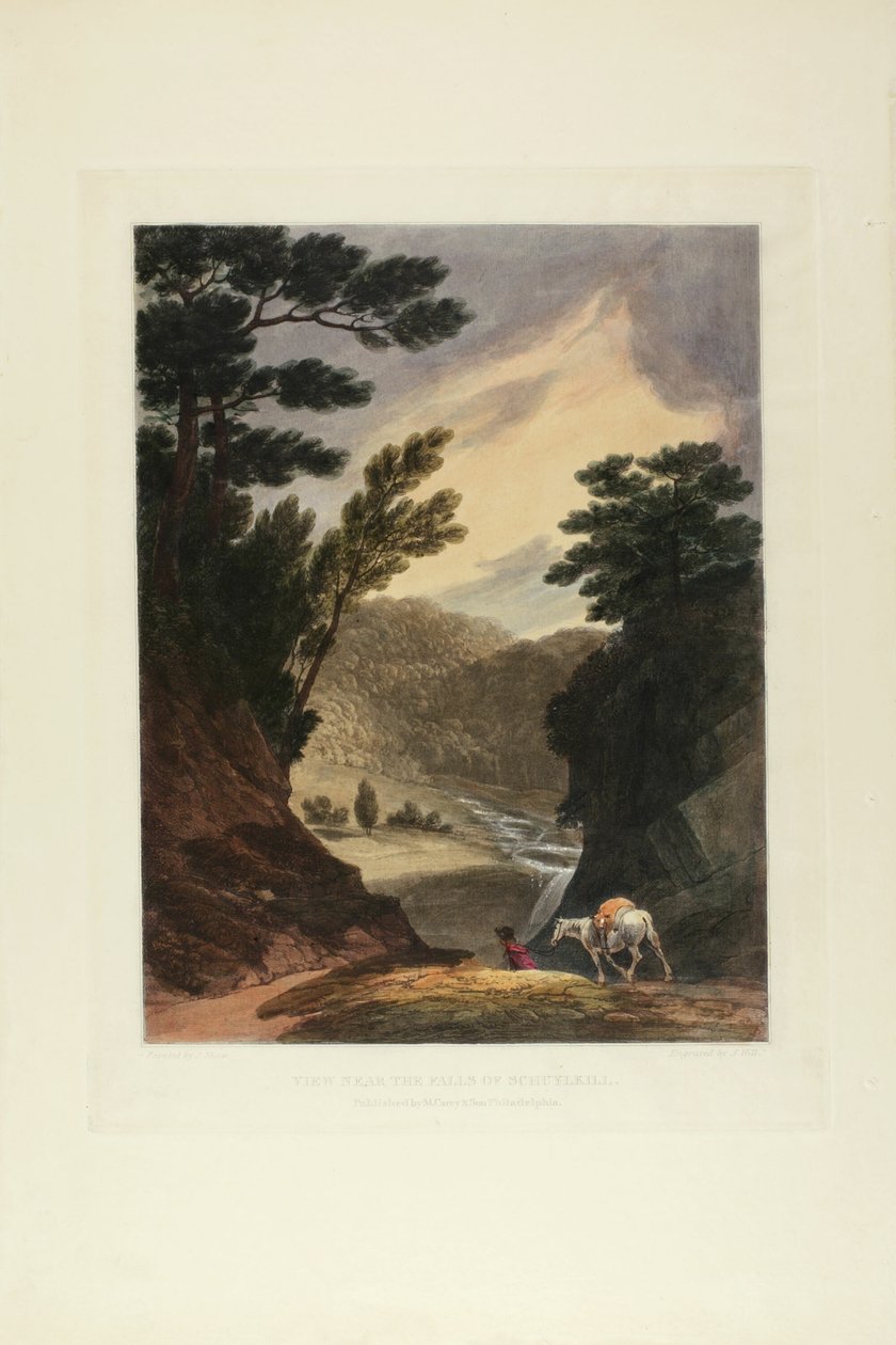 Utsikt nær Schuylkill Falls, Pennsylvania, tallerken fem av det første antallet pittoreske utsikter over amerikansk natur av John Hill