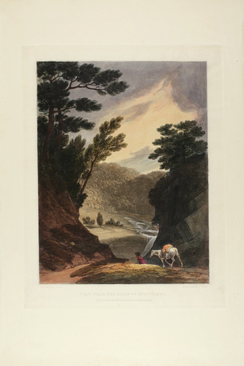 Utsikt nær Schuylkill Falls, Pennsylvania, plate fem av det første antallet pittoreske utsikter over amerikansk natur, 1819-21 av John Hill