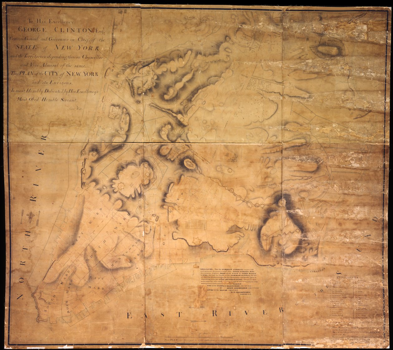 Til hans eksellens George Clinton, Esq. . . .Denne planen for byen New York og omegn. . ., 1785 (svart og farget blekk, svart blyant og fargevask på papir bakket med klut) av John Hills