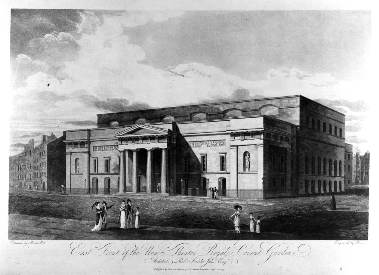 Østfronten av New Theatre Royal, Covent Garden, gravert av Richard Reeve, 1809 av John Hodges Benwell