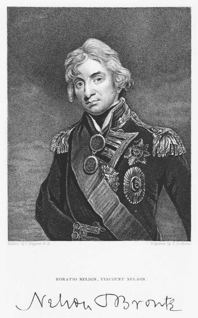 Portrett av admiral Horatio Nelson med hans signatur, gravert av John Cochran (fl.1821-65) av John Hoppner