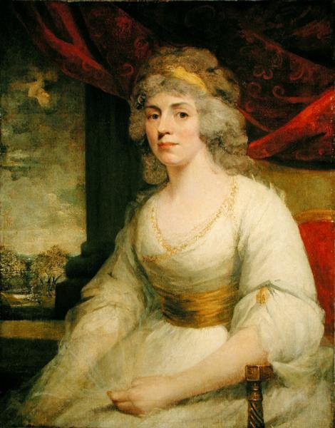 Portrett av fru Billington sittende, trekvart lengde i hvit kjole (olje på lerret) av John Hoppner