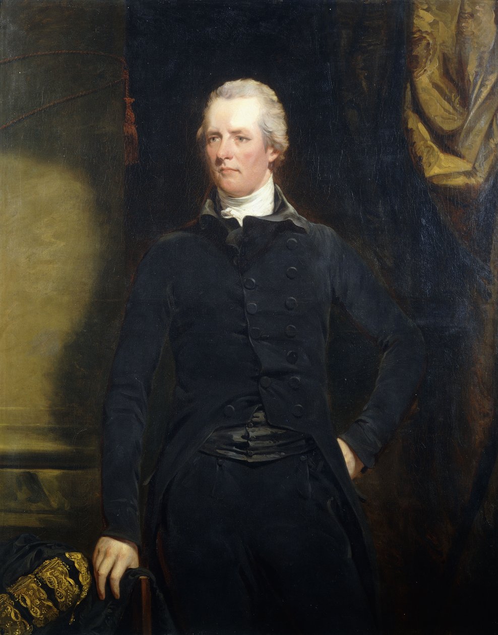 Portrett av William Pitt, stående trekvart lengde i en mørk jakke og ridebukser, av John Hoppner