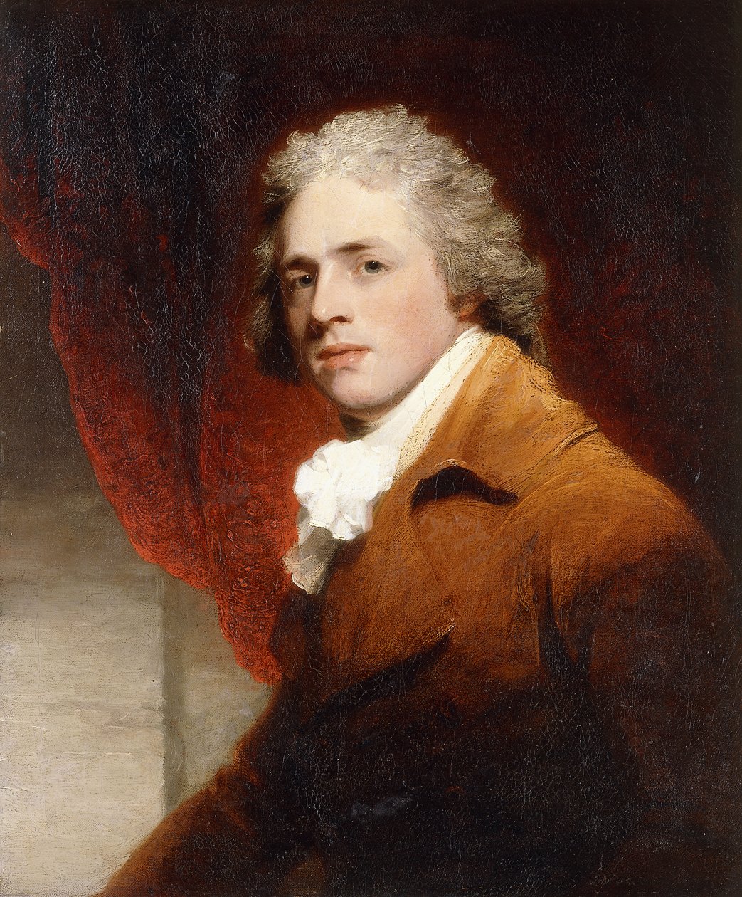 Portrett av en gentleman, halvlang, i en brun og hvit lager, en rød gardin bak, av John Hoppner