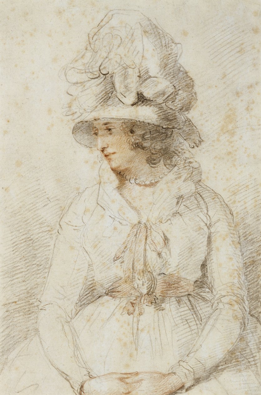 Portrait of a Lady, 1780-tallet (svart og rødt kritt forsterket med hvitt på brunfarget papir) av John Hoppner