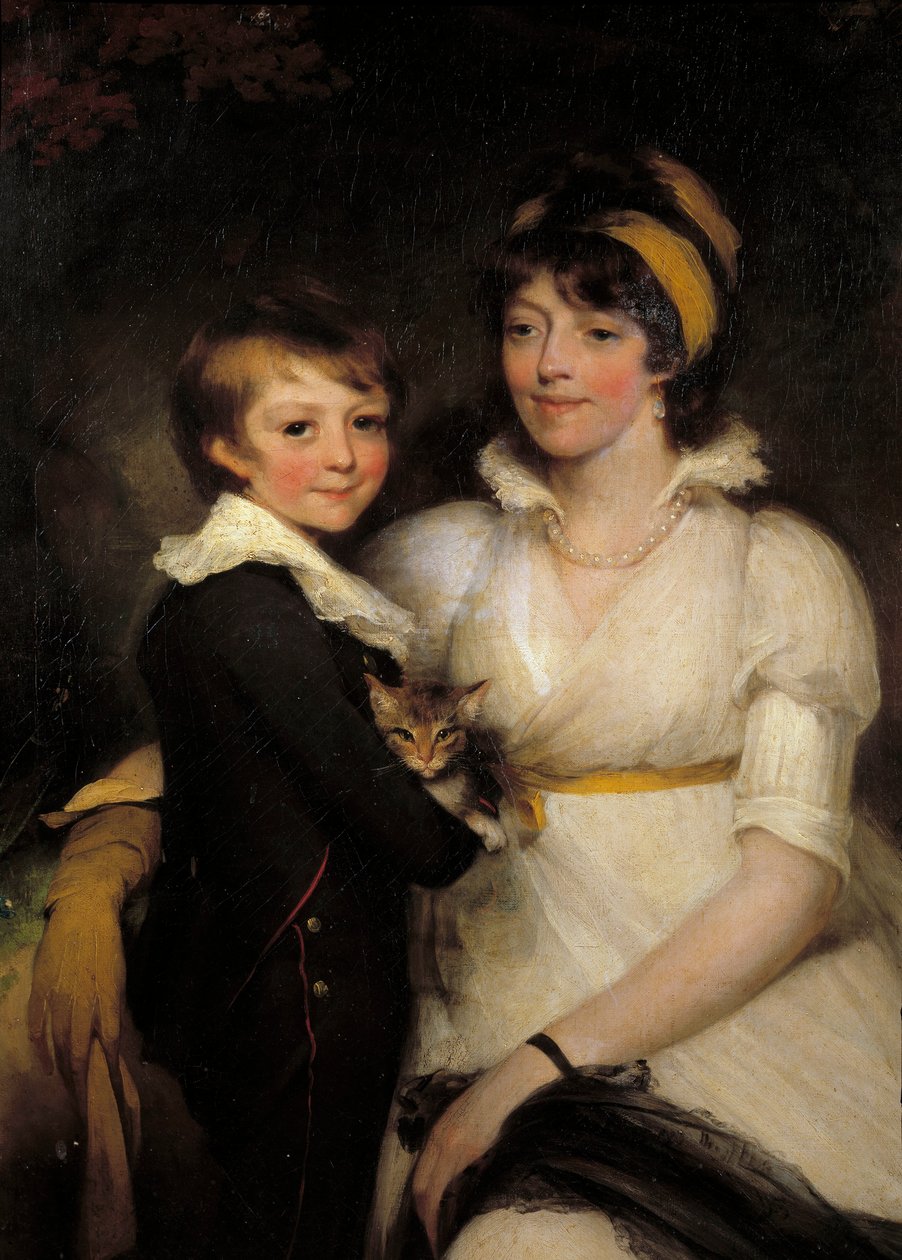 Ung kvinne og liten gutt holder et kattemaleri av John Hoppner (1758-1810) av John Hoppner
