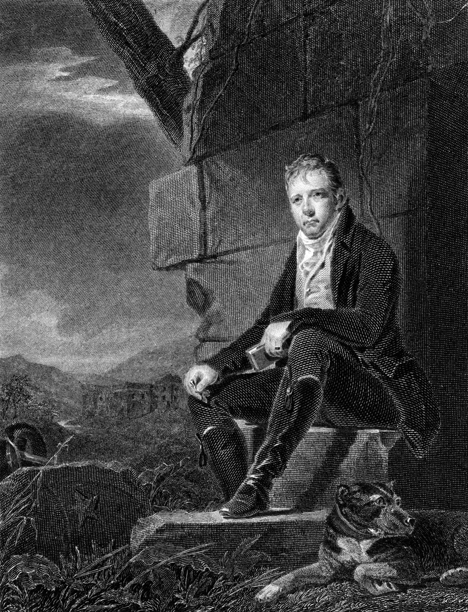 Walter Scott , skotsk poet og romanforfatter, sittende på en stein, akkompagnert av en hund, 1808 av John Horsburgh
