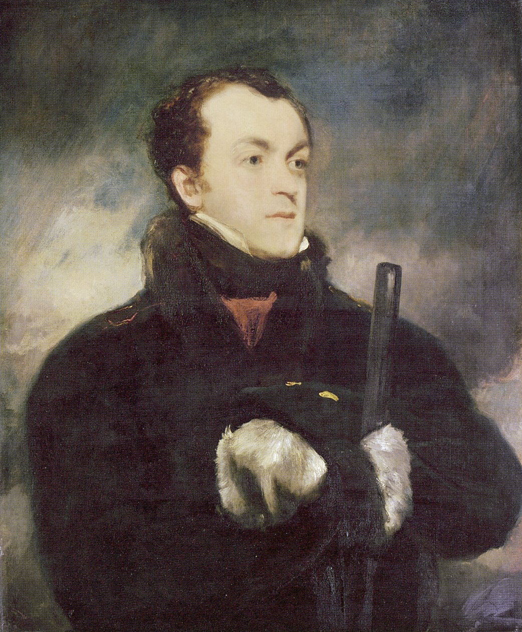 Portrett av kaptein Lyon, halv lengde, i en pelstrimmet frakk, med en pistol av John Jackson