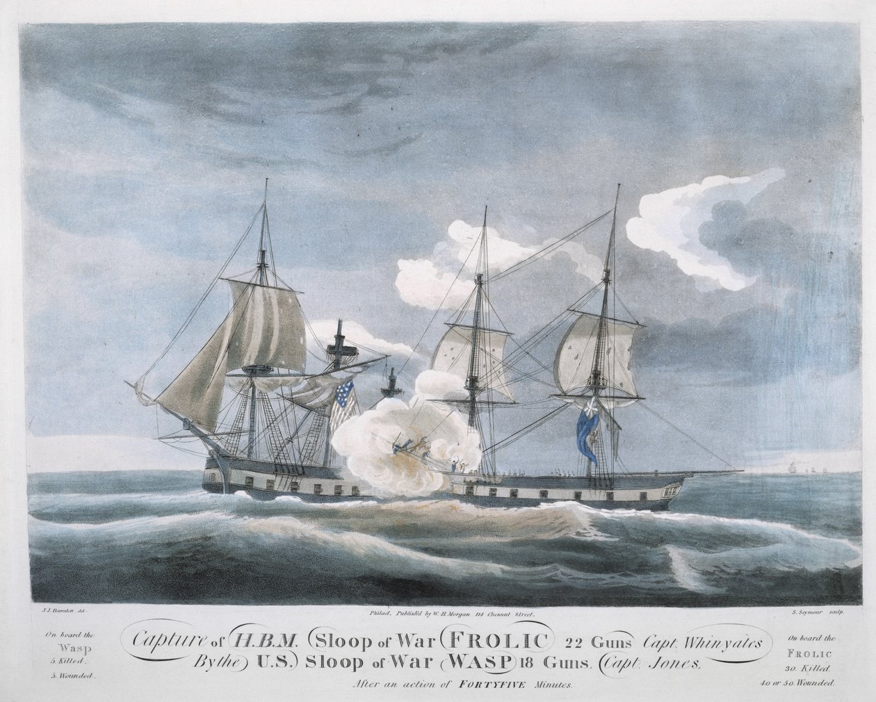 Fangst av H.B.M. Sloop of War FROLIC, 22 våpen, Capt. Whinyates Av U.S. Sloop of War WASP av John James (after) Barralet