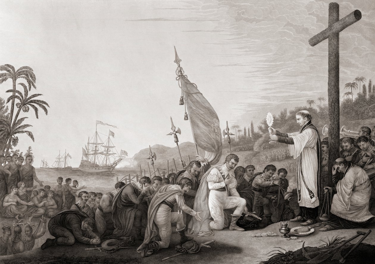 Columbus lander i den nye verden (gravering) av John James (after) Barralet