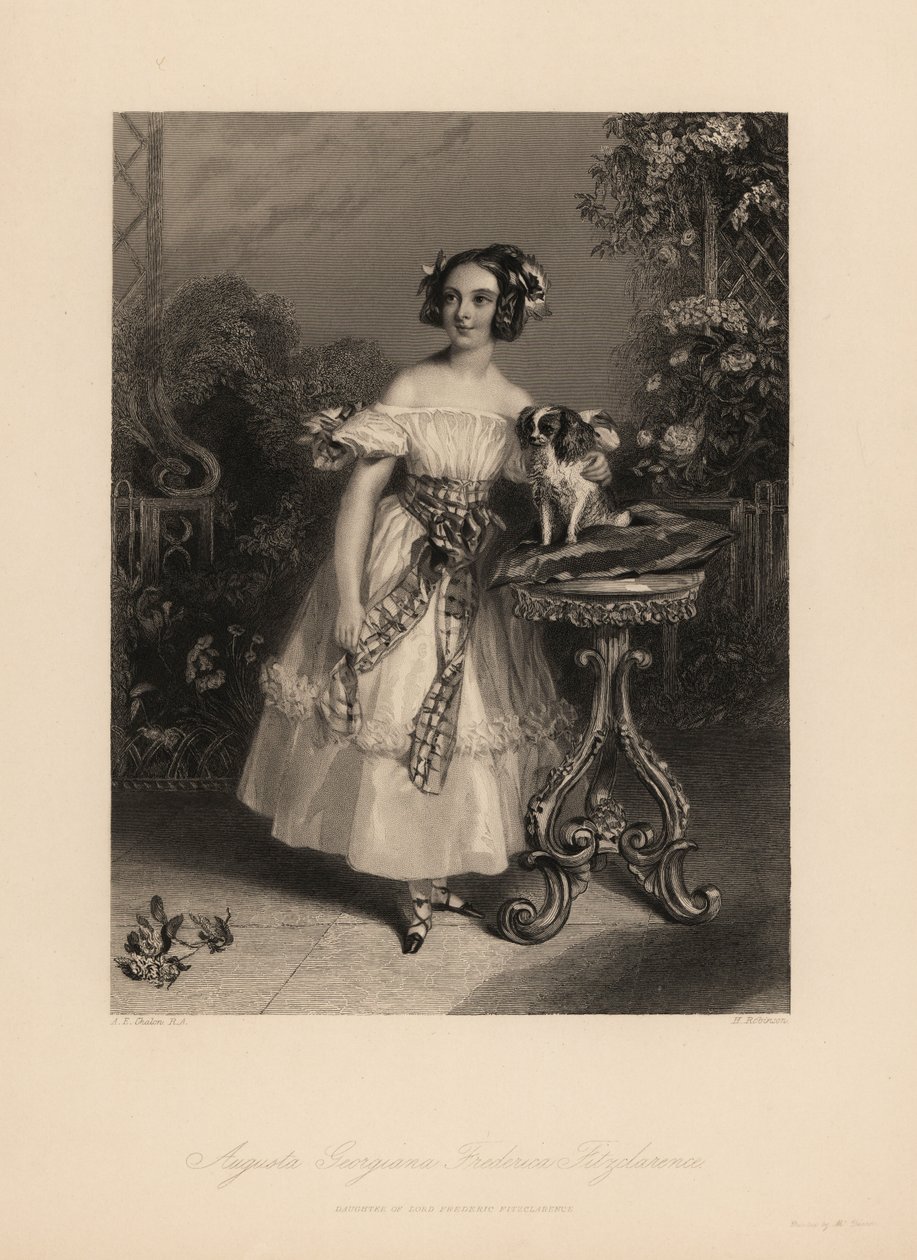 Augusta Georgina Frederica Fitzclarence, datter av Lord Frederic Fitzclarence, uekte sønn av kong William IV. Hun bærer håret i ringlets og bånd, og bærer en off-the-skulder kjole bundet med en sash, holder en King Charles spaniel på en pute av John James (after) Chalon