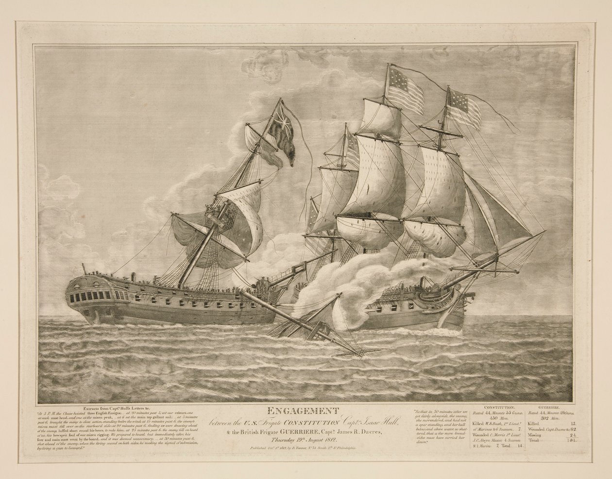 Engasjement mellom U.S. Fregate Constitution og British Fregate Guerri?re av John James Barralet