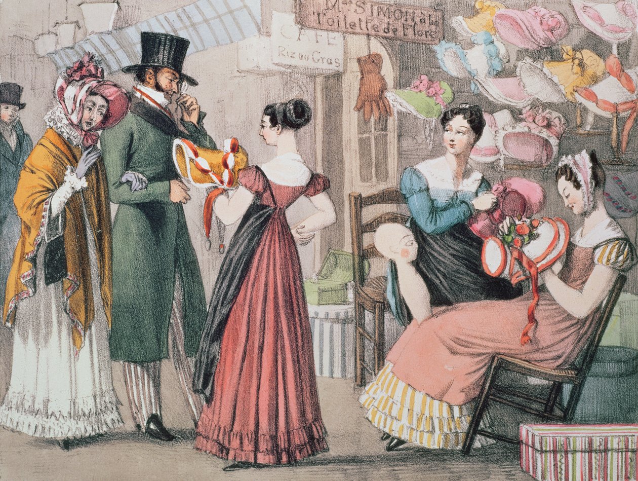 At the Milliners (La Marchande de Modes), trykt av Charles Joseph Hullmandel (1789-1850), pub. av Rodwell og Martin, 1822 av John James Chalon