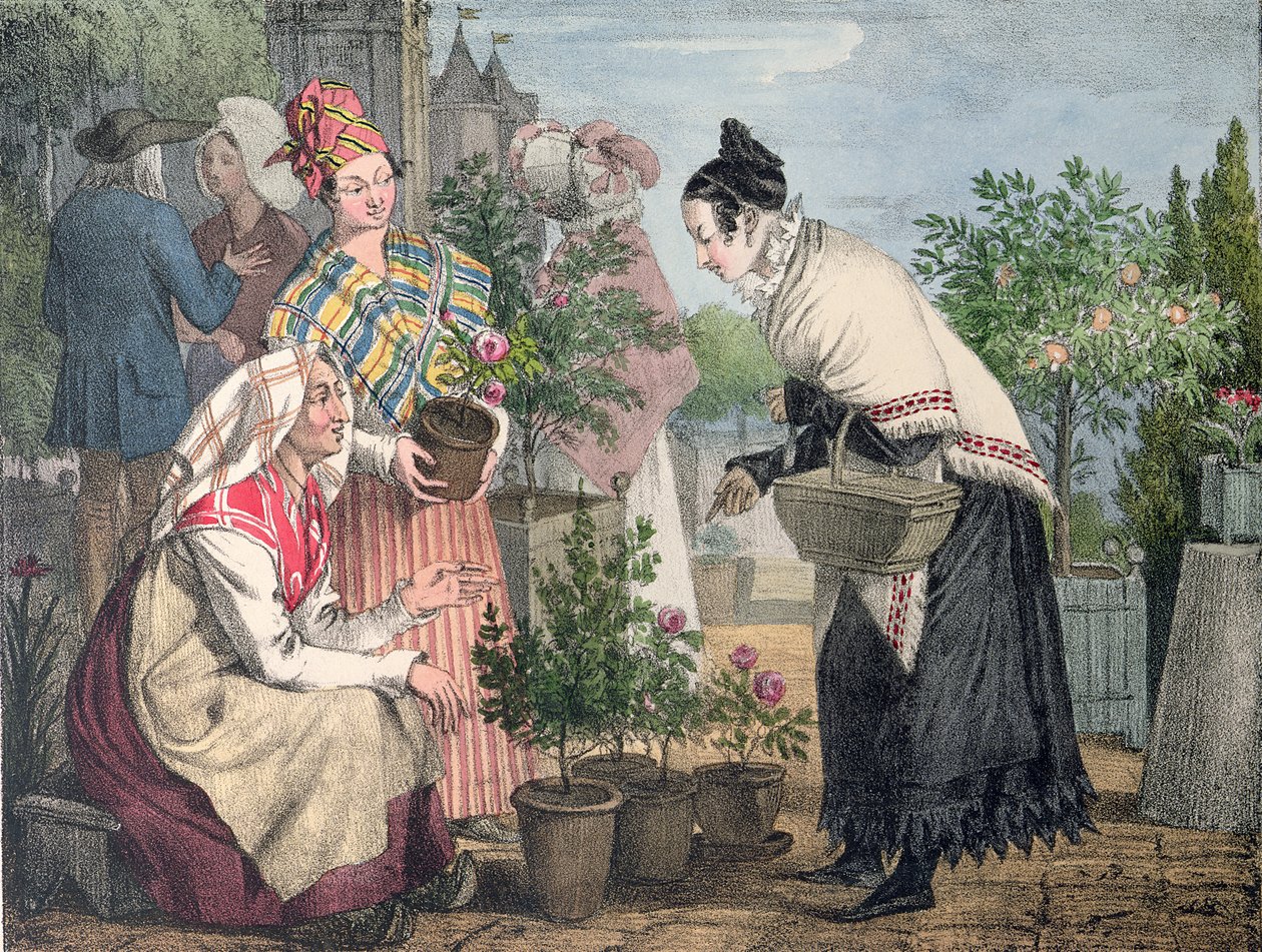 Blomstermarkedet, Paris, gravert av Charles Joseph Hullmandel (1789-1850), utgitt 1821 av John James Chalon