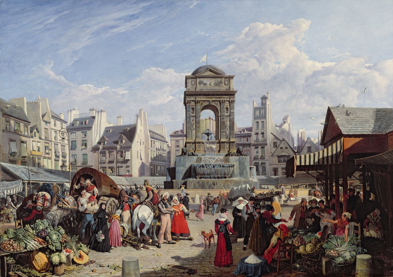 The Market and Fountain of the Innocents, Paris, 1823 av John James Chalon