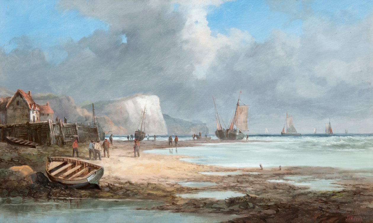 Havlandskap med fiskebåter og et hus av John James Wilson