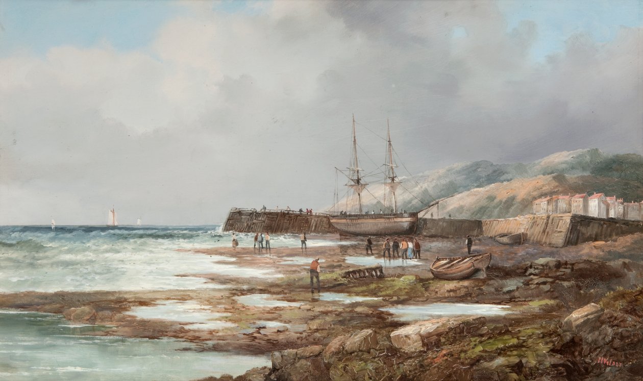 Uten tittel [Legget seilfartøy med landsby i bakgrunnen] av John James Wilson