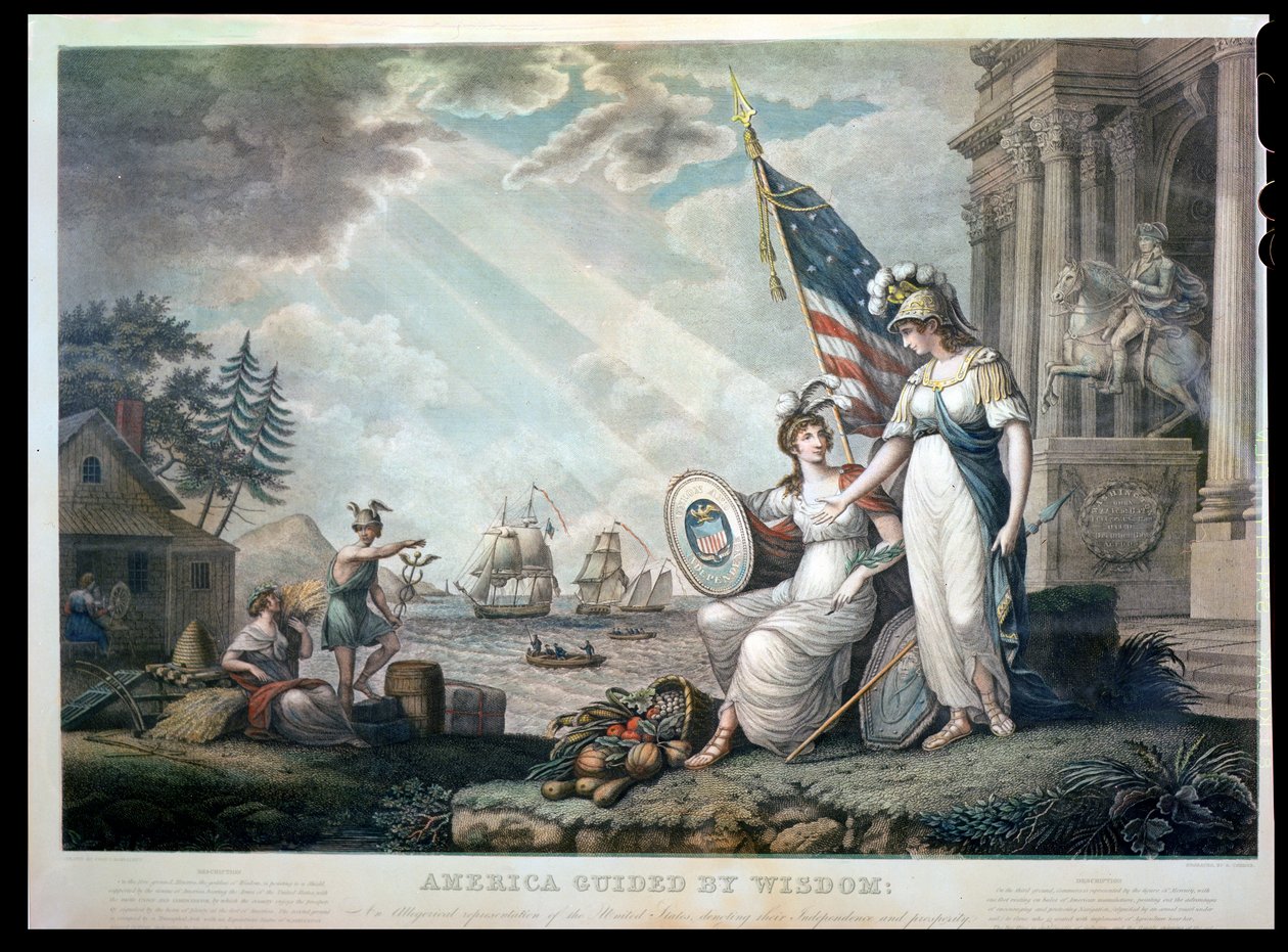 America Guided By Wisdom, 1815 gravert av Benjamin Tanner (1775-1848) av John James after Barralet