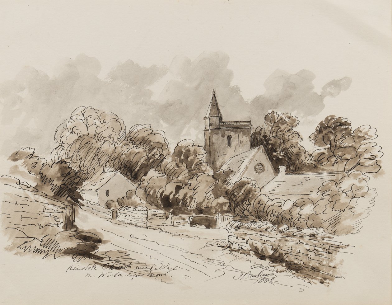 Kewstoke Church and Village, Weston Super Mare, Somerset, 1882 (penn, pensel og blekk på papir) av John Joseph Barker
