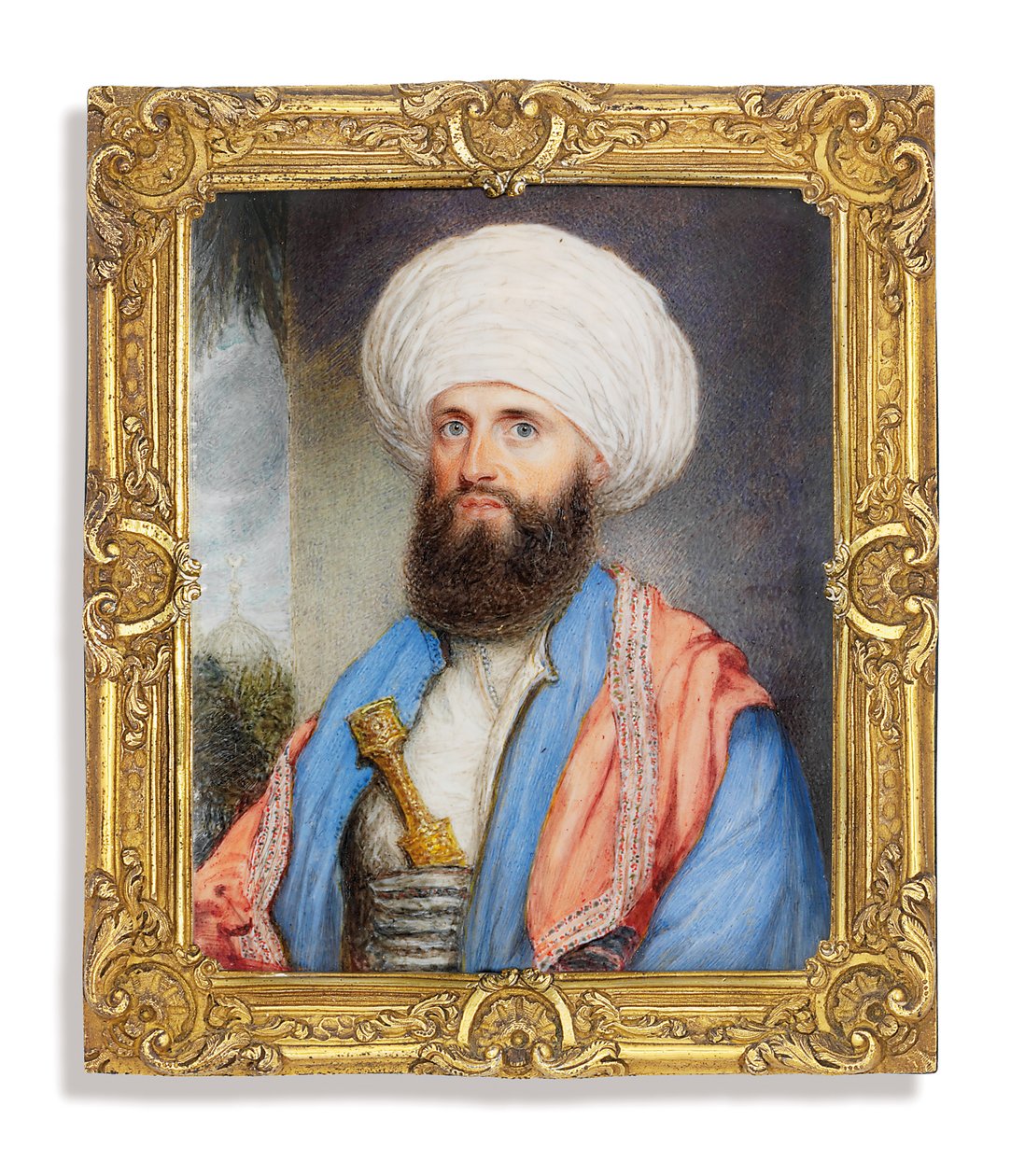 James Silk Buckingham (1786-1855), i hvit skjorte med en lyseblå frakk, rosa brodert sjal rundt skuldrene og en hvit turban med en dolk festet i cummerbundet, landskapsbakgrunn med en moske av John Jukes
