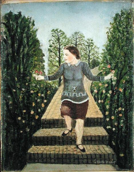 Girl Walking Down the Garden Steps (olje på lerret) av John Kane