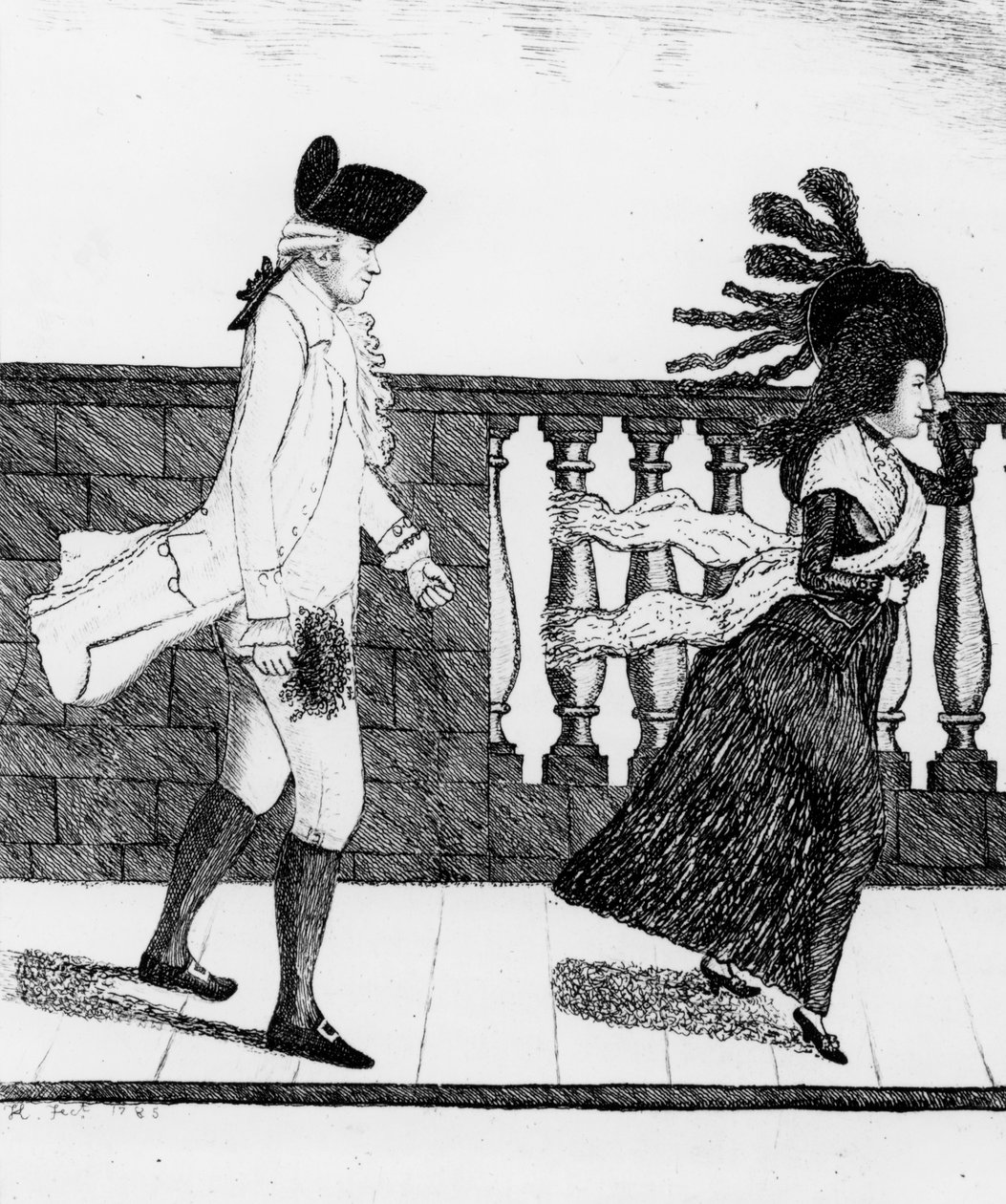 Dr. James Graham går langs North Bridge i sterk vind, 1785 av John Kay