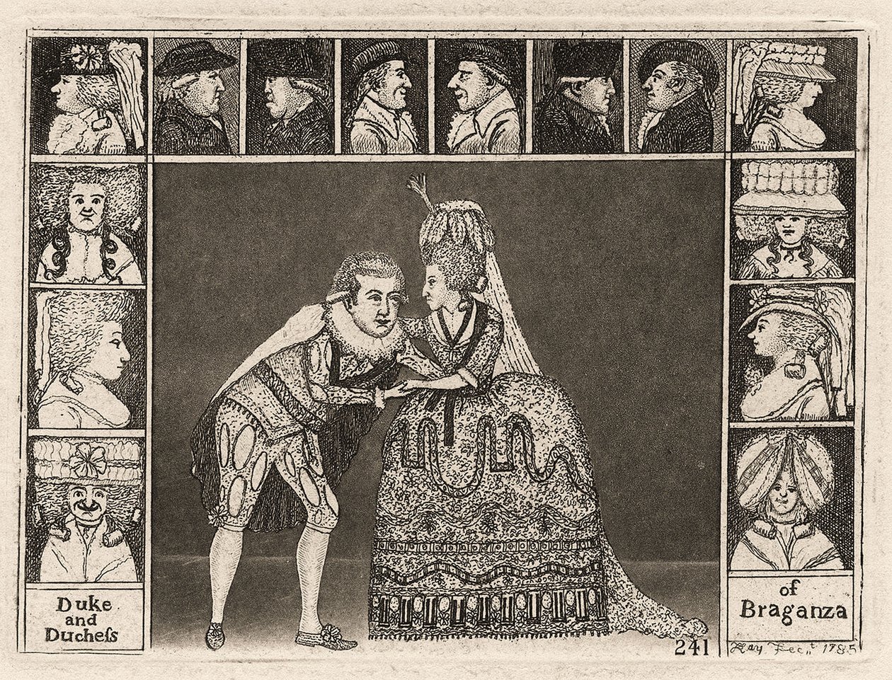 Mary Ann Yates og Laurence Clinch spiller hertugen og hertuginnen av Braganza i Braganza omgitt av publikum. 1785 av John Kay