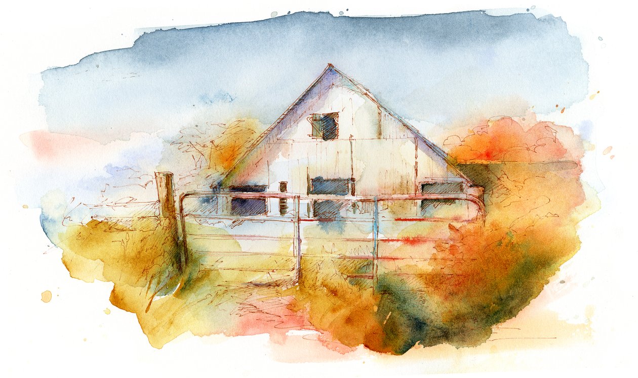 Barn in Pleasant Hill 2, 2016, (akvarell) av John Keeling