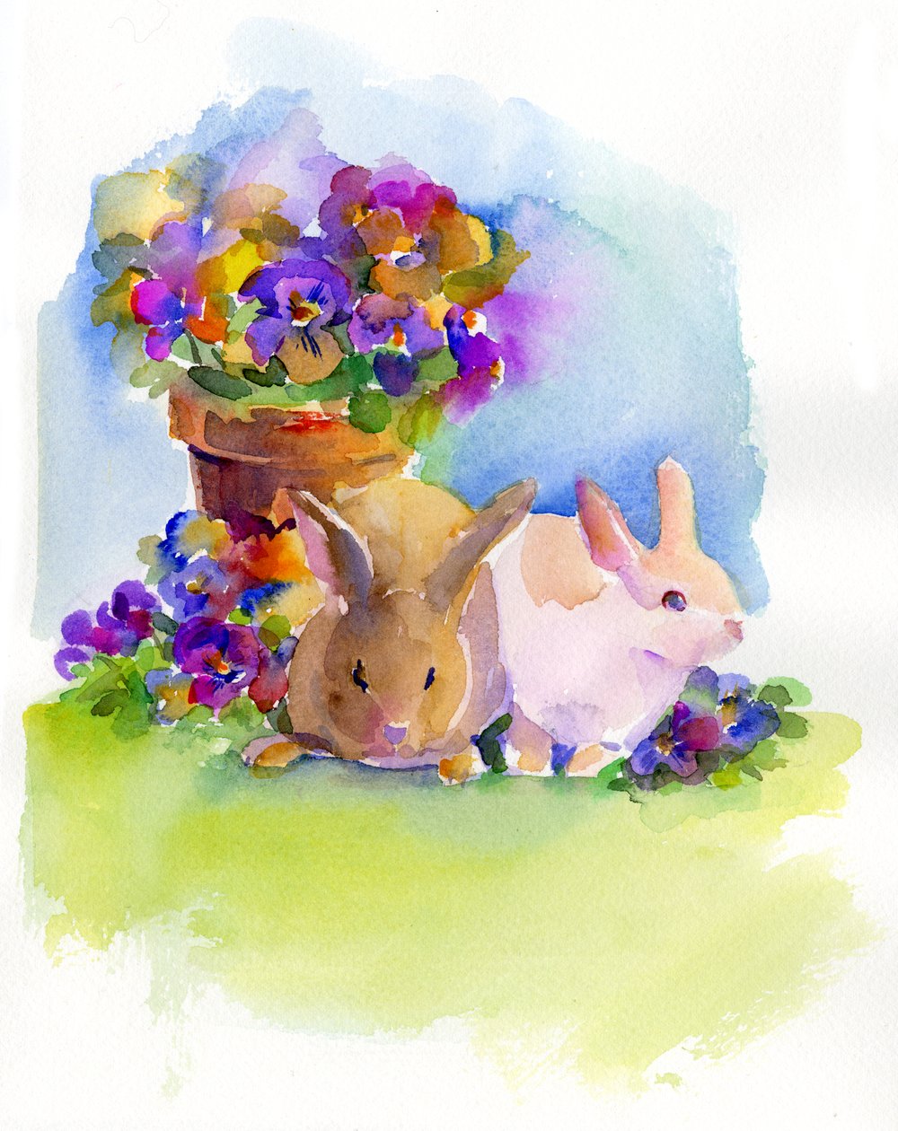 Kaniner med stemorsblomster, 2014, (akvarell) av John Keeling