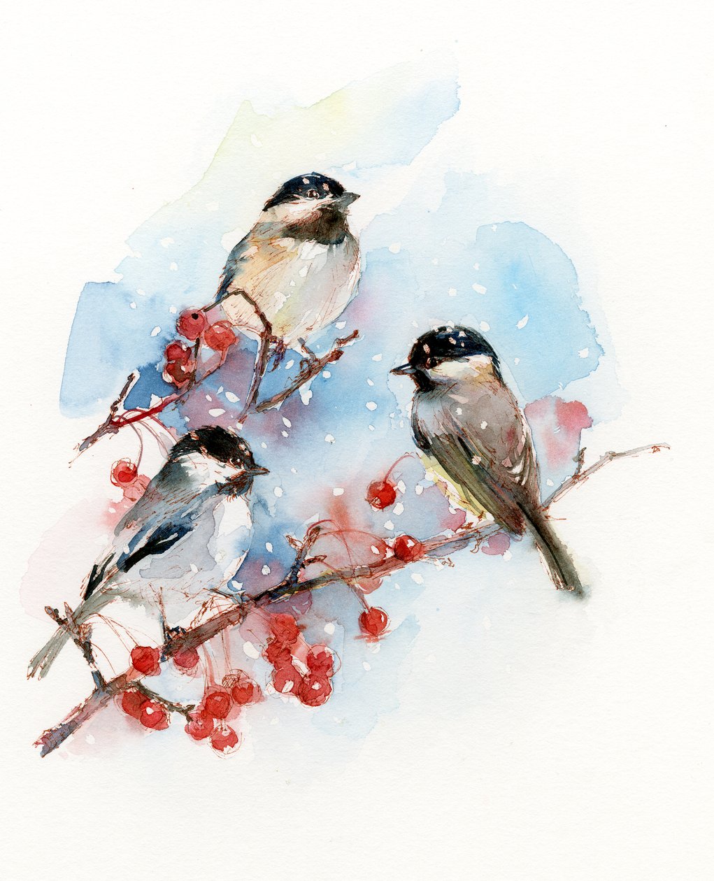 Chickadees with Berries, 2017, (akvarell) av John Keeling