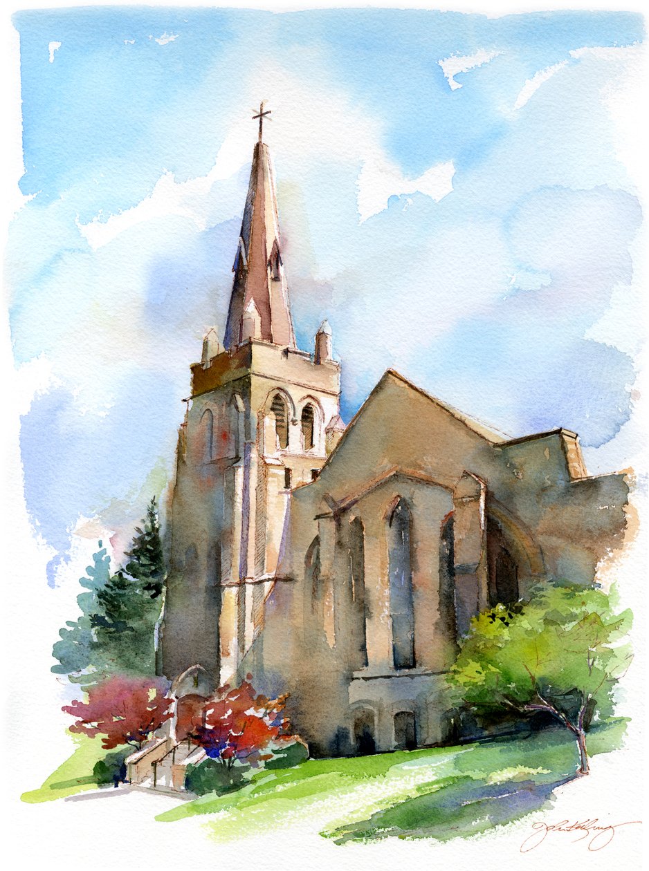 Kirke med tårn, 2016, (akvarell) av John Keeling