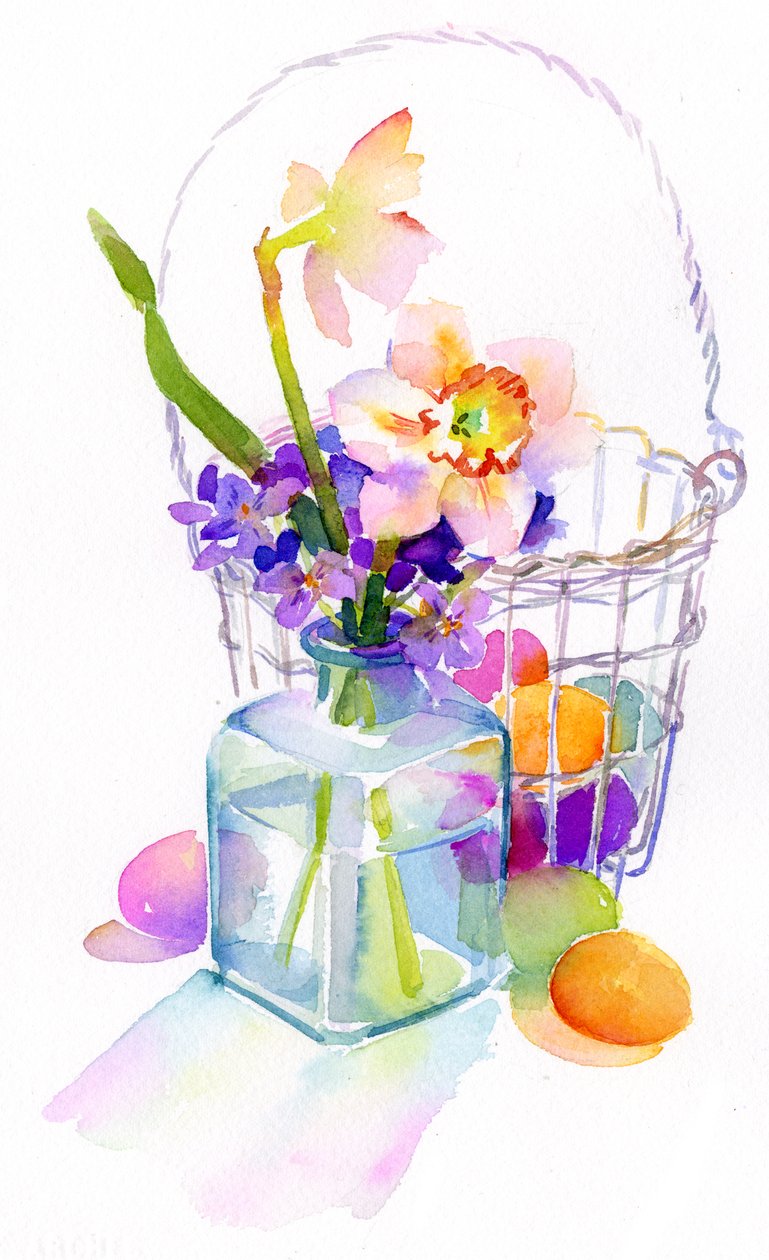 Eggekurv med blomster, 2014, (akvarell) av John Keeling