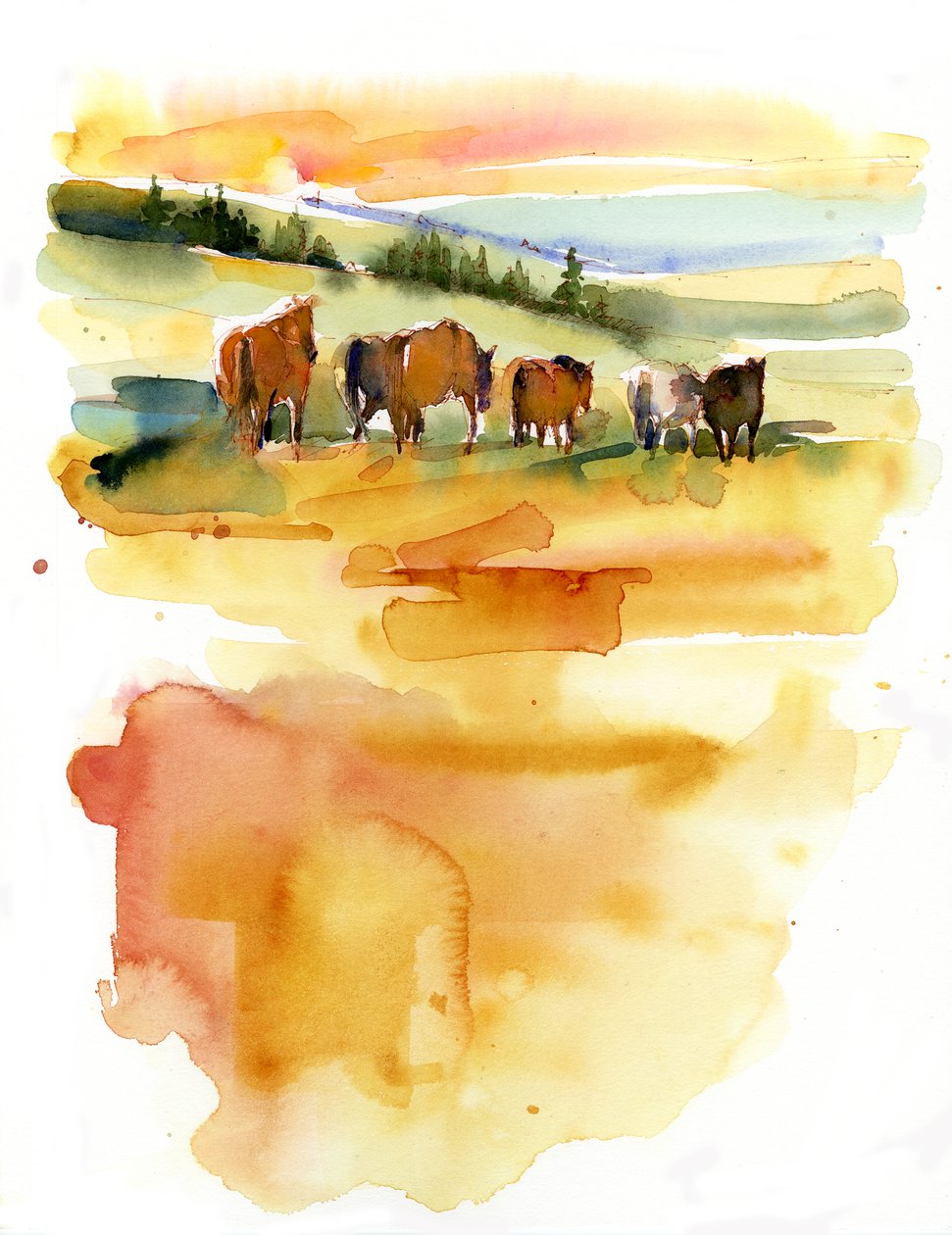 Horses at Sunset, 2015, (akvarell) av John Keeling
