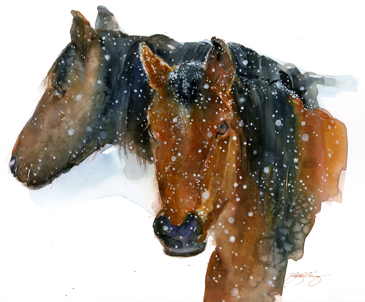 Hester om vinteren, 2015, (akvarell) av John Keeling