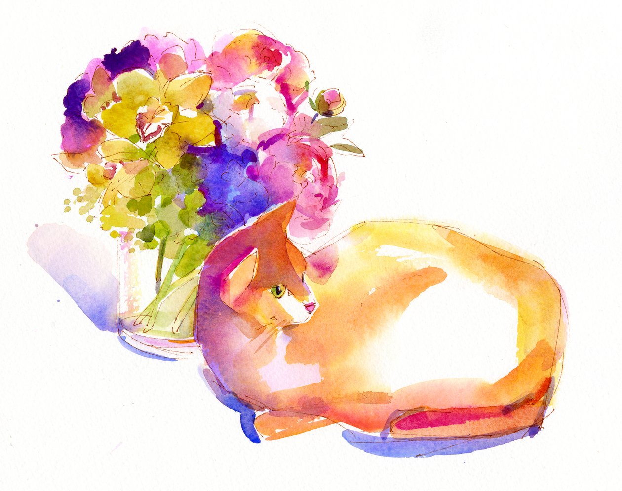 Oransje katt med blomster, 2014, (akvarell) av John Keeling