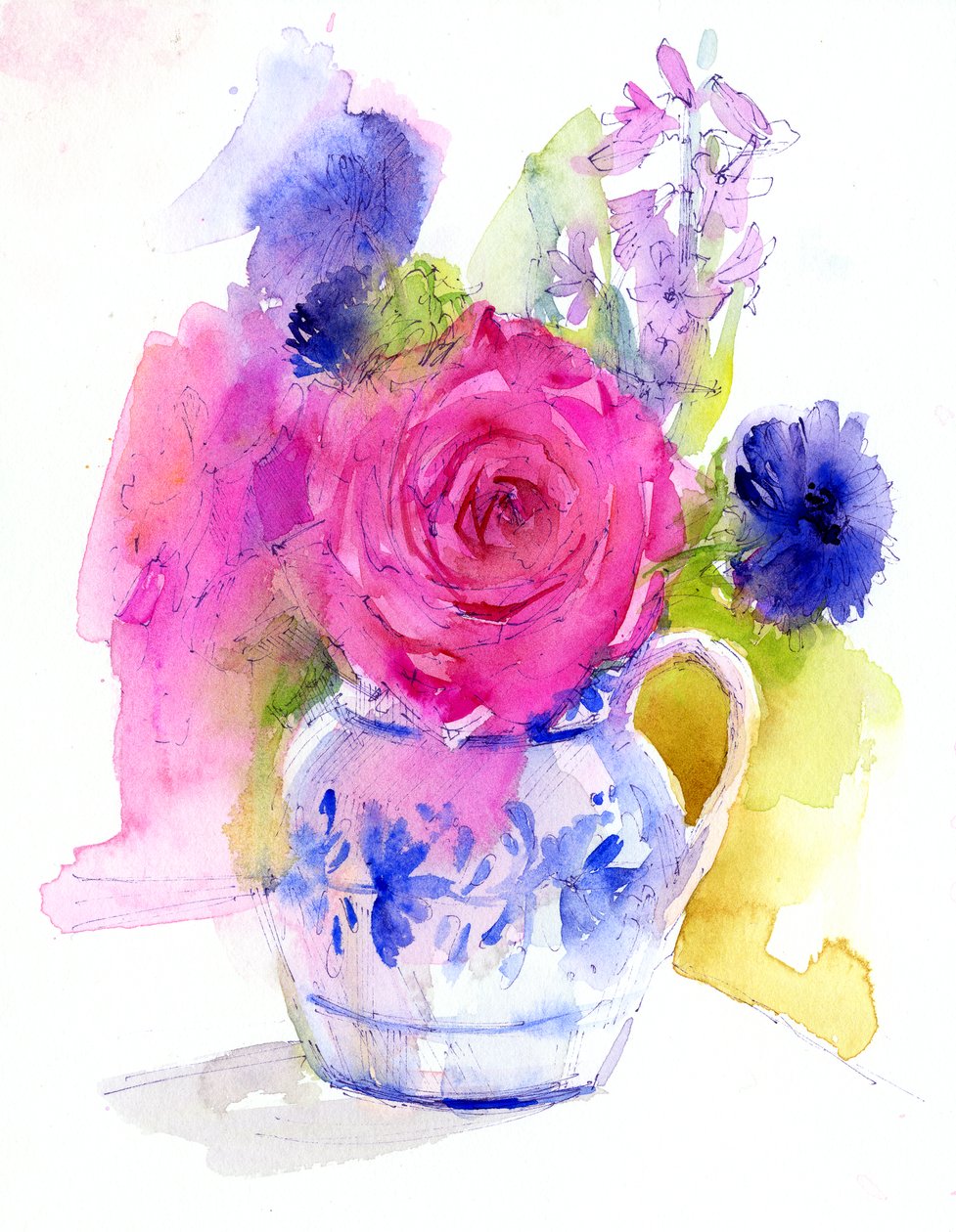 Rose og kornblomster i Pitcher, 2017 (akvarell) av John Keeling