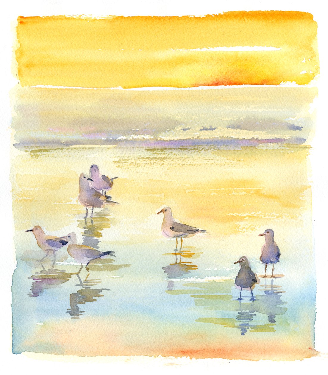Måker på stranden, 2014, (akvarell) av John Keeling