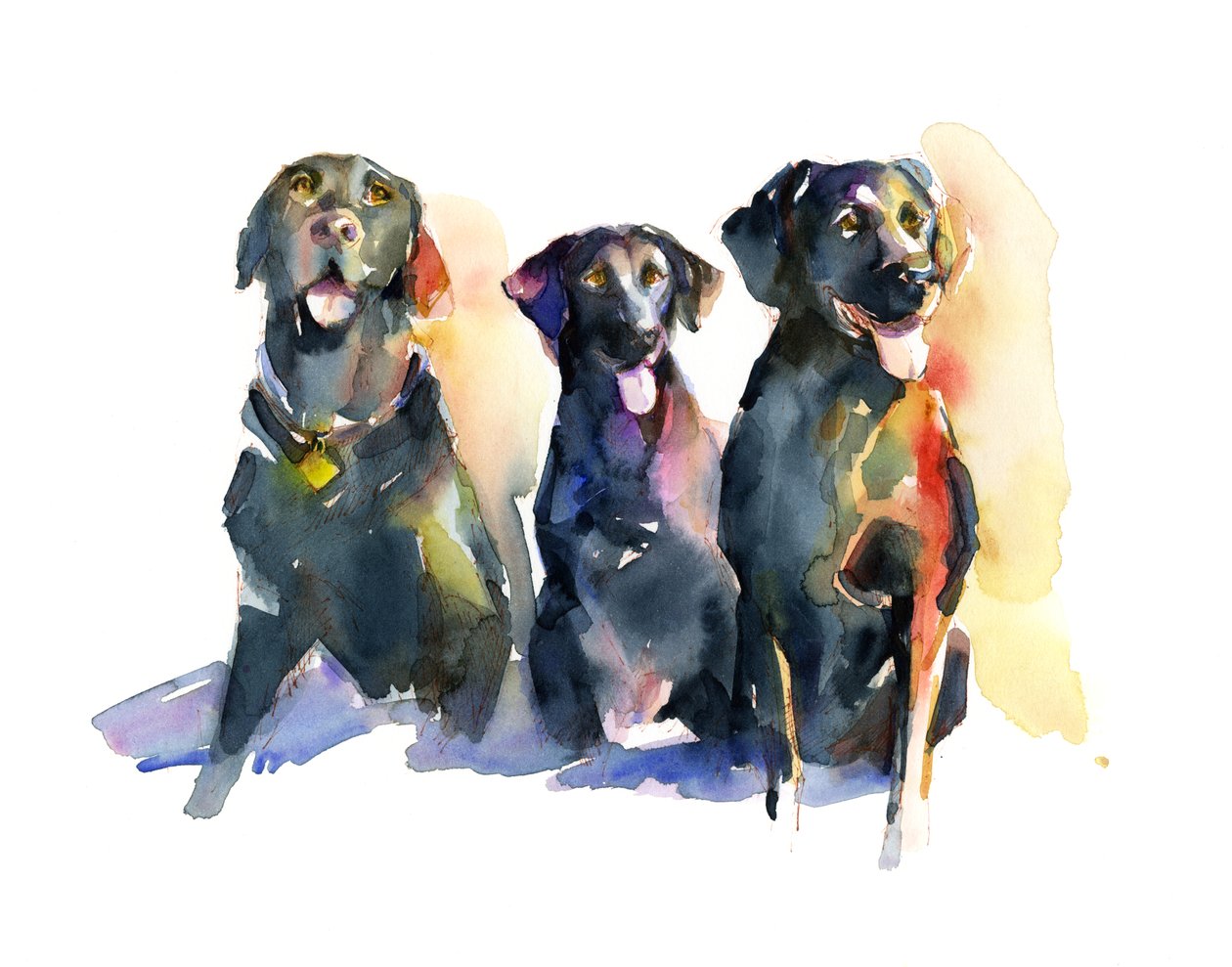 Three Black Labs, 2015, (akvarell) av John Keeling