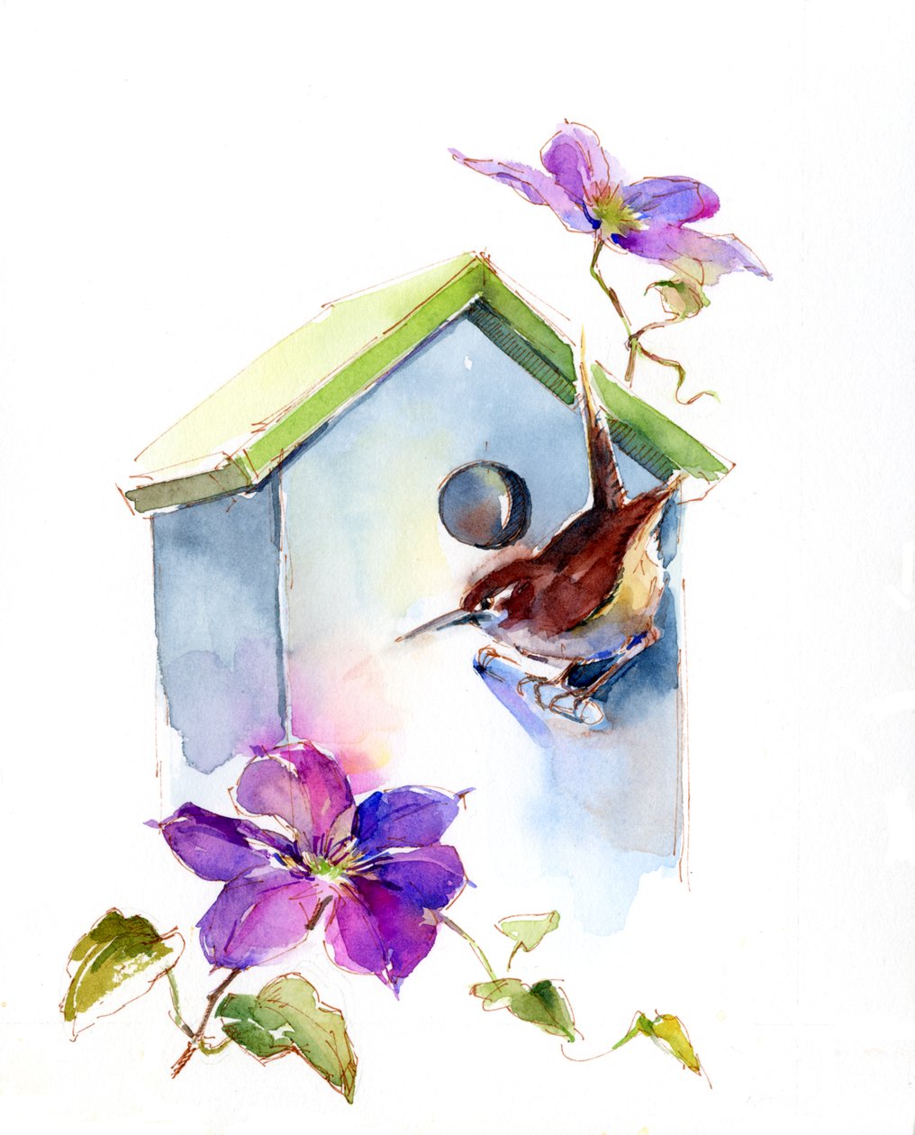Wren med fuglehus og klematis, 2016, (akvarell) av John Keeling