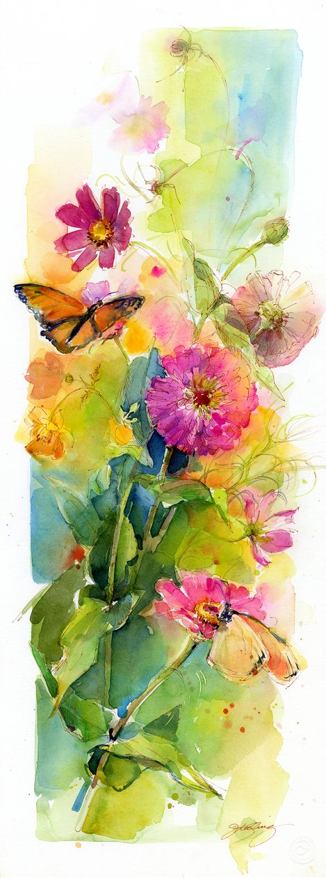 Zinnias og sommerfugler, 2015, (akvarell) av John Keeling