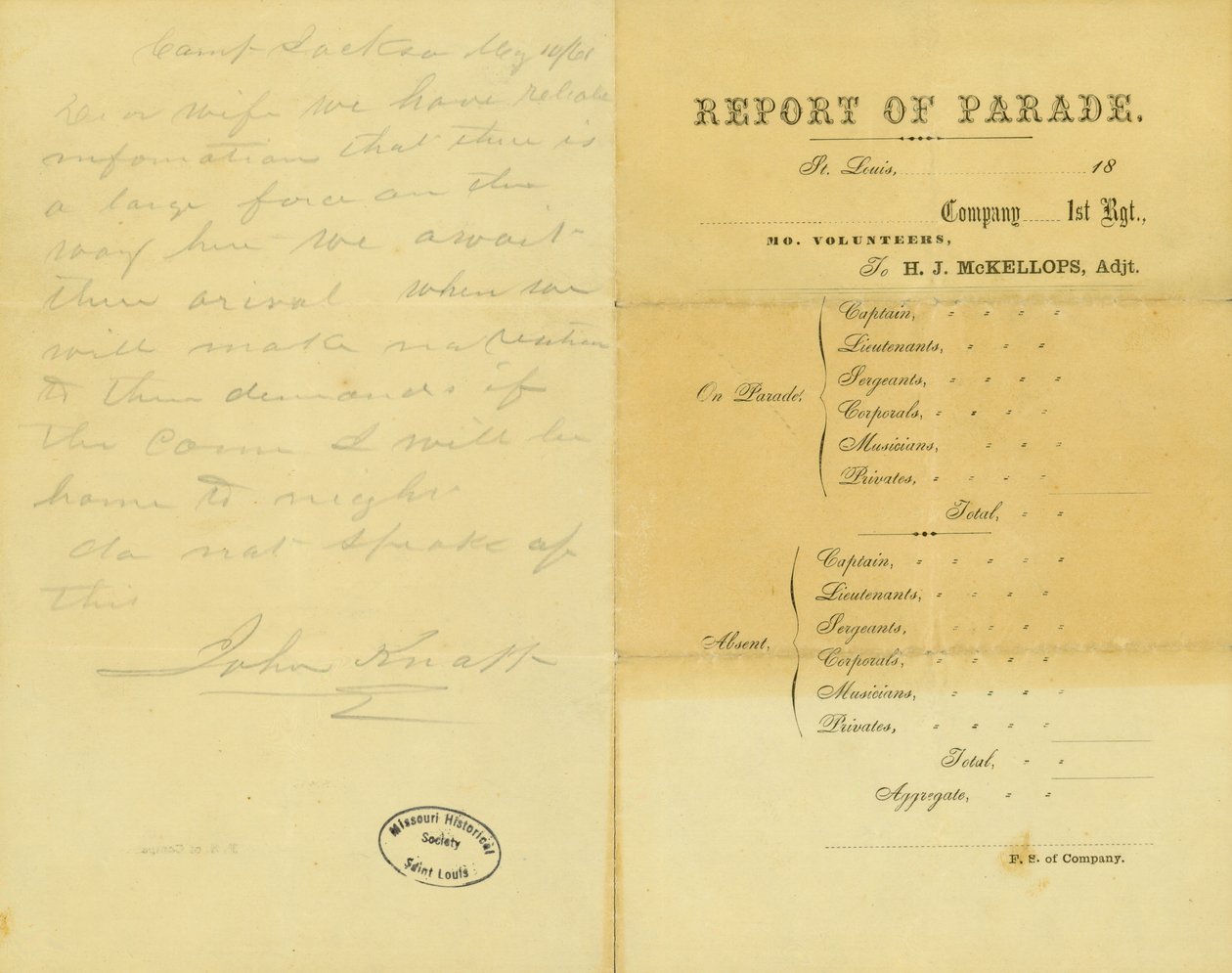 Brev fra John Knapp, Camp Jackson, til kona, 10. mai 1861 av John Knapp