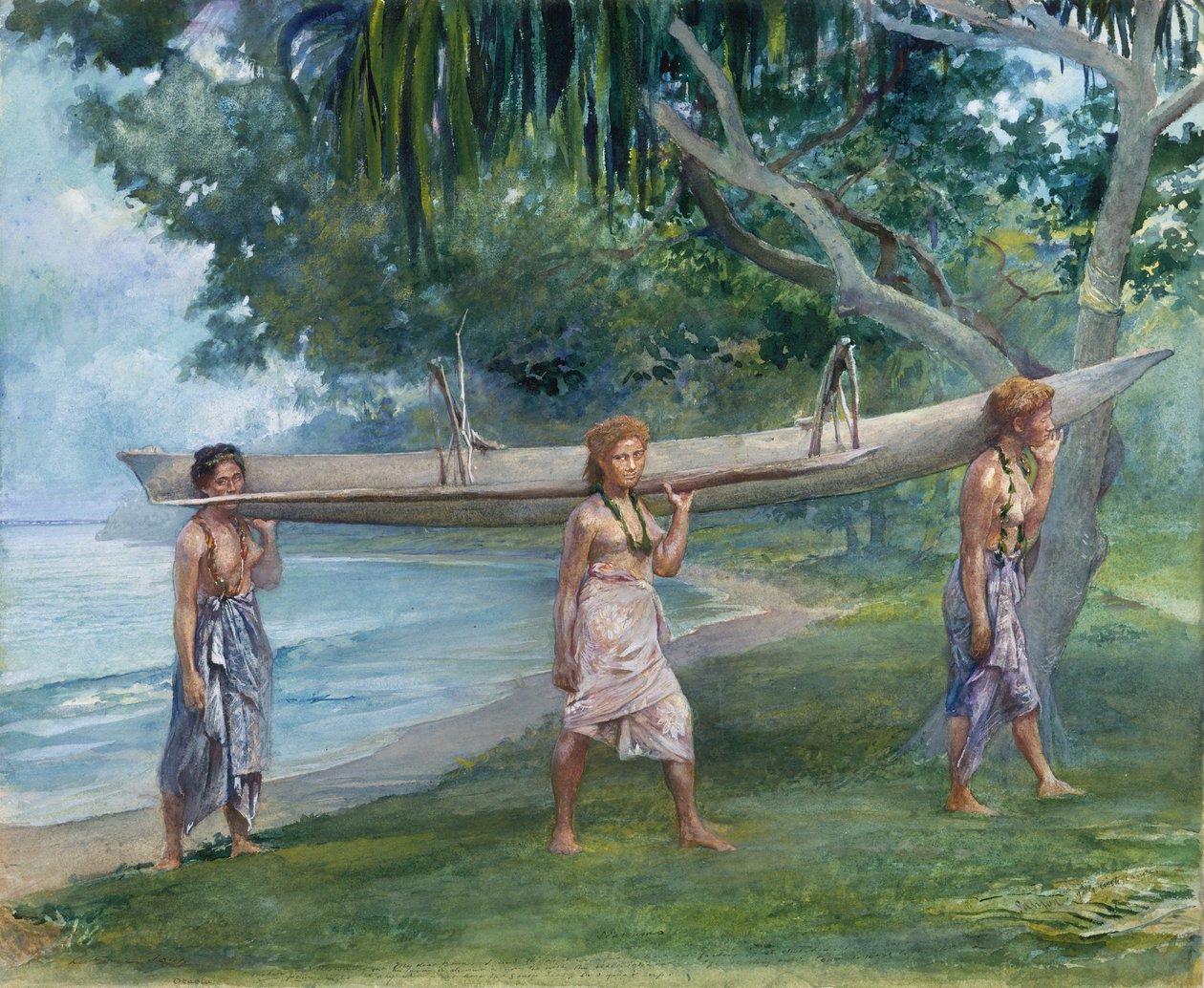 Jenter som bærer en kano, Vaiala i Samoa, 1891. av John La Farge