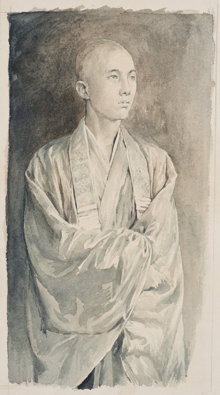 Portrett av en prest ved Temple of Lyemitsu, Nikko, ca. 1888 (sepiavask på papir) av John La Farge or Lafarge