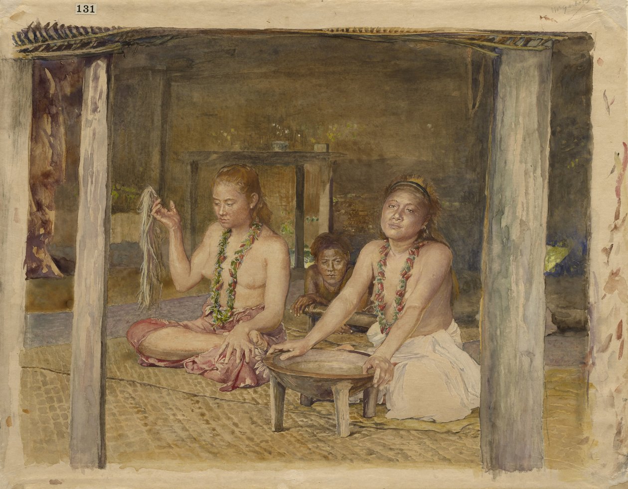Siva med Siakumu som lager Kava i Tofaes hus, ca. 1893 av John La Farge or Lafarge