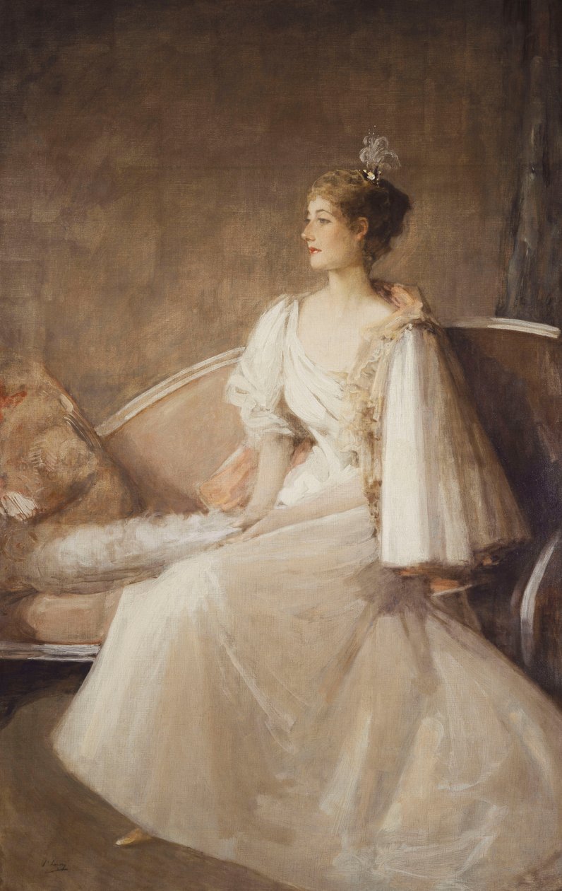Portrett av en dame som sitter på en sofa, ca. 1900 (olje på lerret) av John Lavery