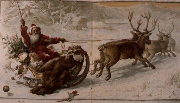 Julenissen kjører sleden sin gjennom snøen, fra "Jack Frost" av John Lawson
