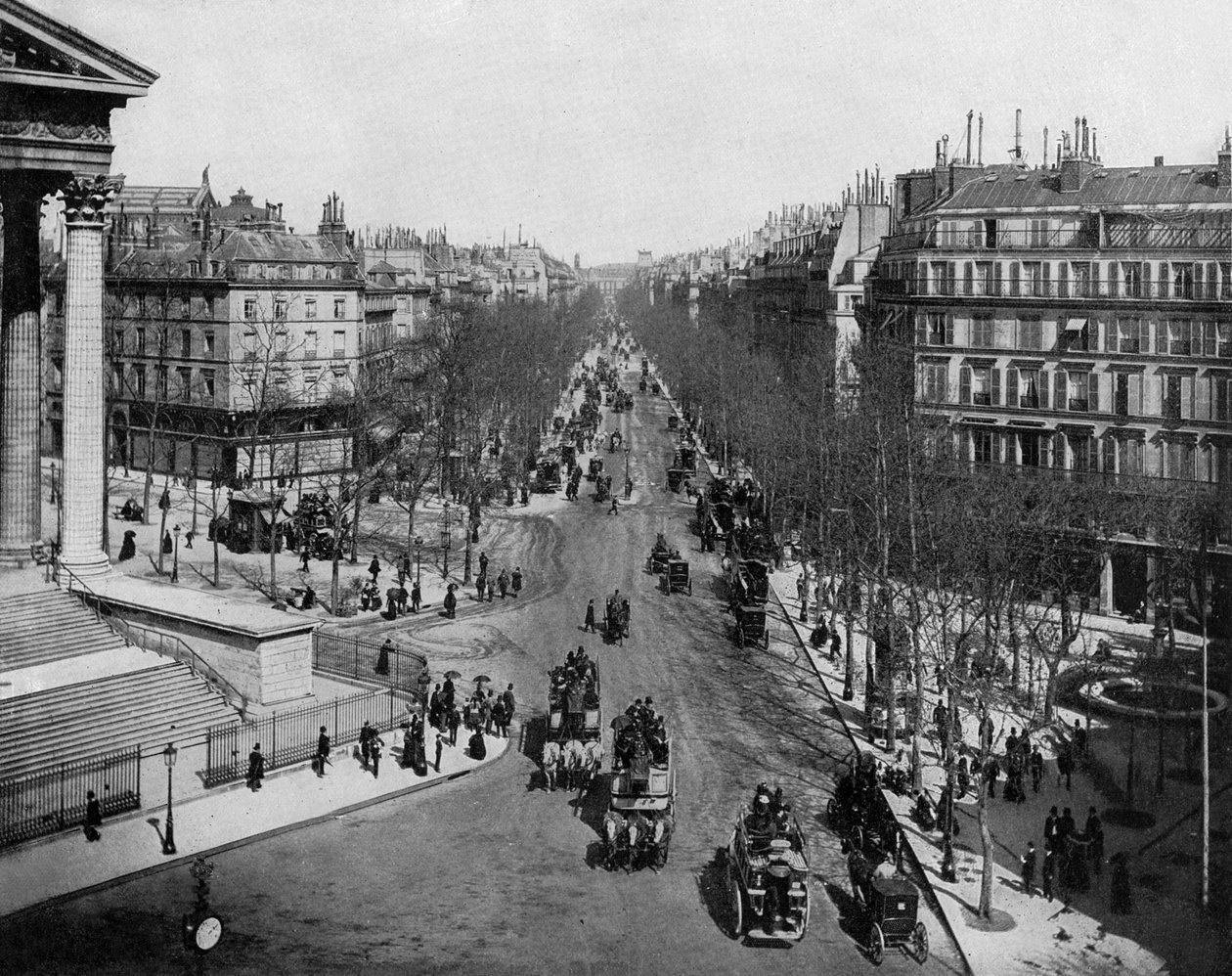 Madeleine boulevard i Paris, ca. 1900 (s/hvitt-bilde) av John Lawson Stoddard