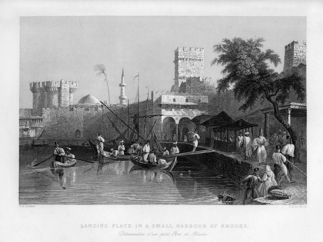 Et landingssted i en liten havn på Rhodos, Hellas, 1841. av John Le Keux