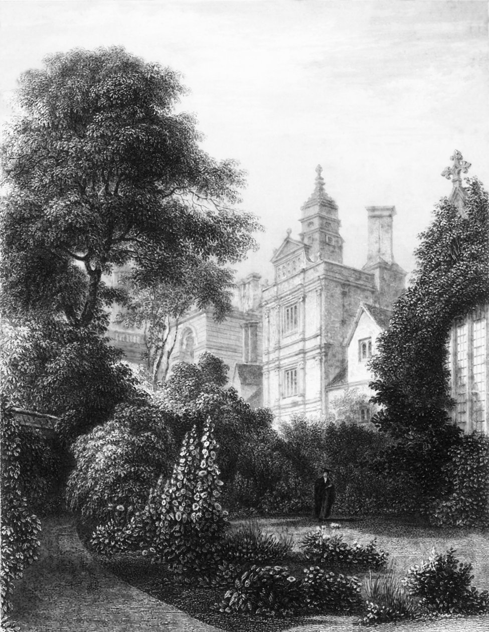 Caius College fra Fellows Gardens, c1837. av John Le Keux
